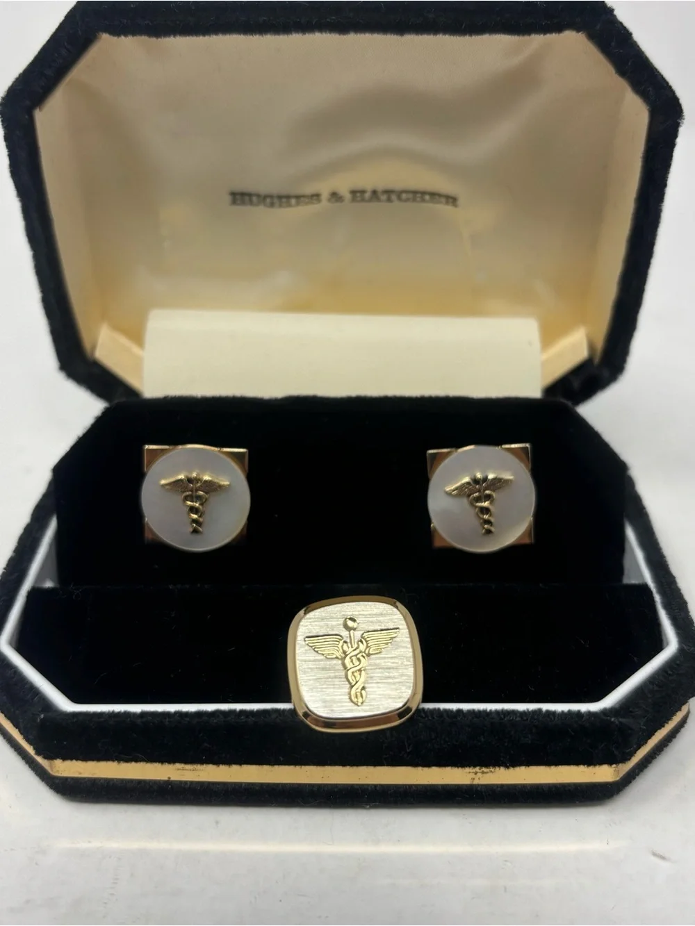 SWANK Gold-tone and White Medical Caduceus Cufflink and Signet Set